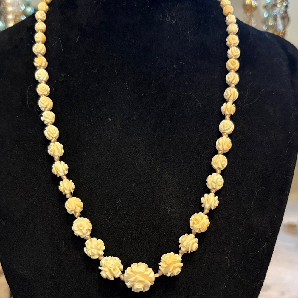 Vintage carved cellulose rose, beaded necklace